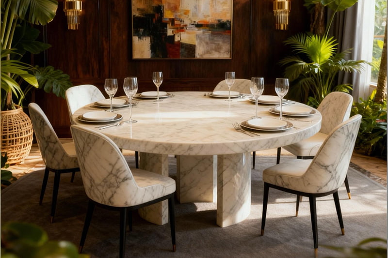 طاولة رخامية مفتوحة ذات ثلاثة أعمدة باللون الأبيض على شكل بطن سمكة