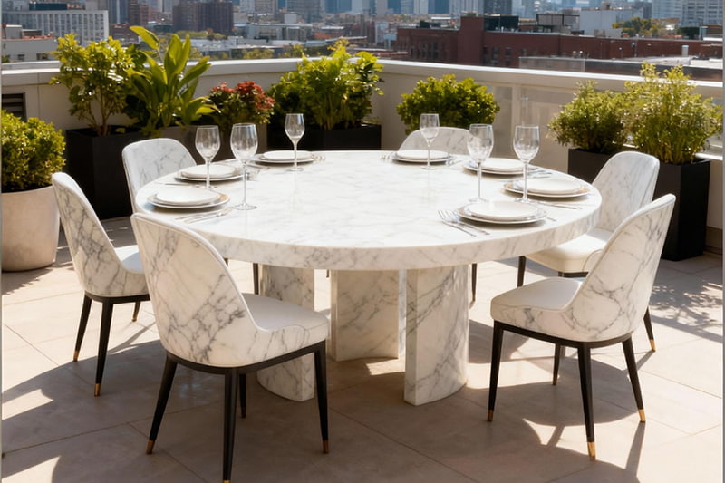 طاولة رخامية مفتوحة ذات ثلاثة أعمدة باللون الأبيض على شكل بطن سمكة