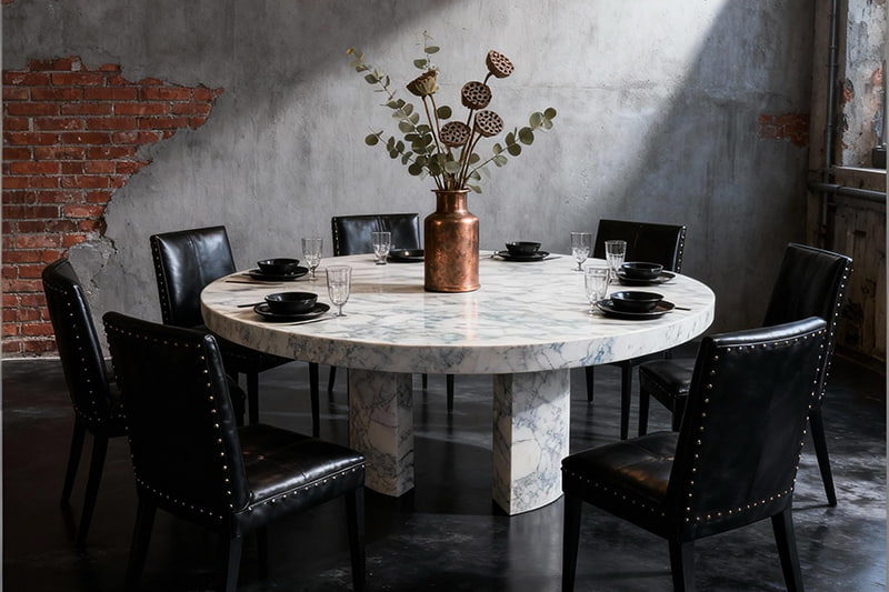 طاولة رخامية مفتوحة ذات ثلاثة أعمدة باللون الأبيض على شكل بطن سمكة