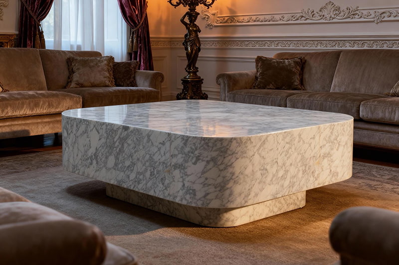 طاولة قهوة من الرخام باللون الأزرق الجليدي